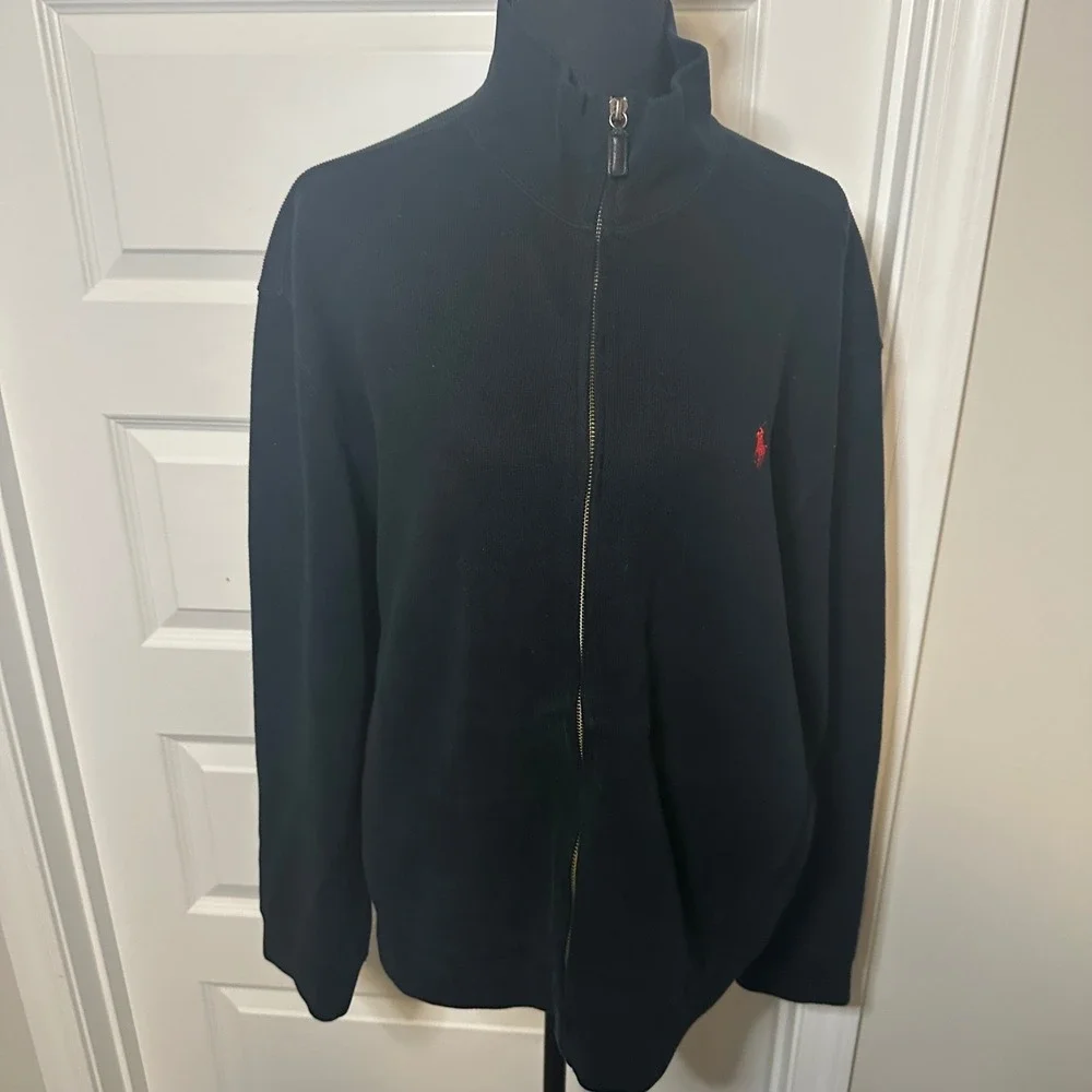 Polo Ralph Lauren Mens‎ Full Zip Ribbed Sweater Black Red Pony Logo Size M
